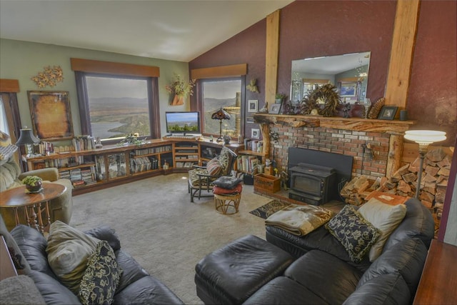 carpeted living room with vaulted ceiling and a wood stove