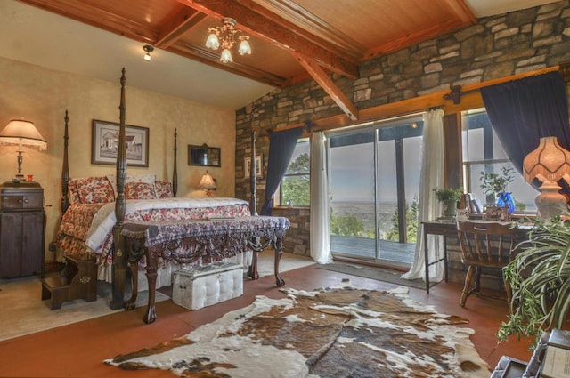 bedroom with beamed ceiling, a notable chandelier, and access to exterior