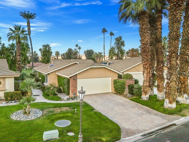 single story home featuring a garage and a front lawn