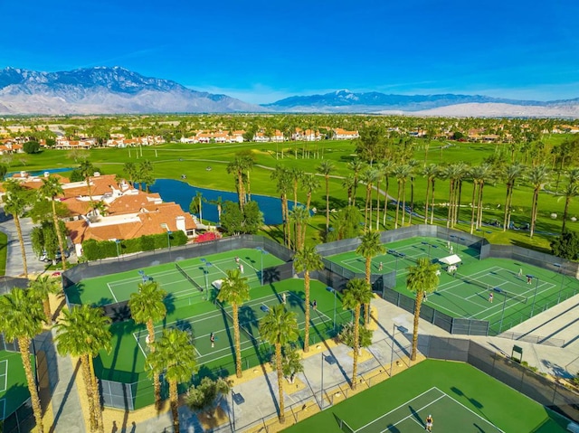 bird's eye view featuring a water and mountain view