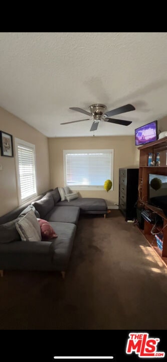 living room featuring ceiling fan, carpet, and a textured ceiling