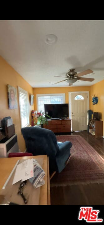 living room with wood-type flooring and ceiling fan