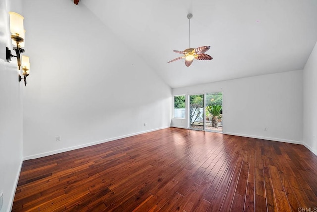 unfurnished living room featuring high vaulted ceiling, dark hardwood / wood-style floors, and ceiling fan