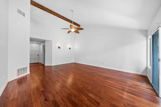 unfurnished living room featuring baseboards, wood-type flooring, visible vents, and beam ceiling