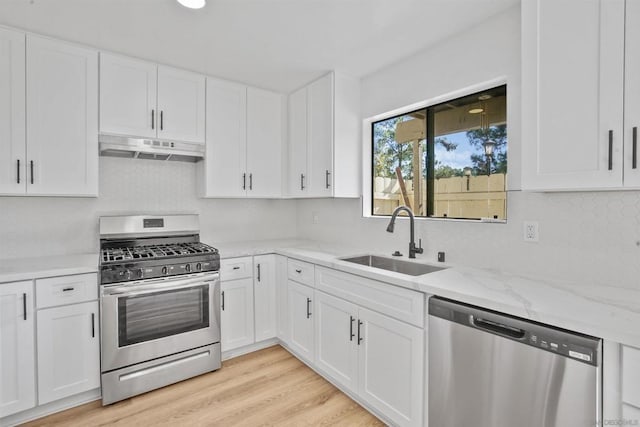 kitchen with sink, stainless steel appliances, light hardwood / wood-style floors, and white cabinets