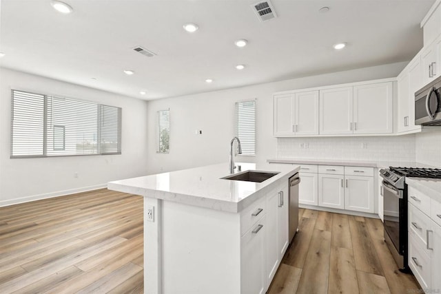 kitchen with white cabinetry, sink, backsplash, a kitchen island with sink, and stainless steel appliances