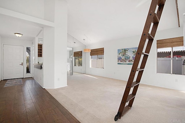 interior space featuring high vaulted ceiling and carpet