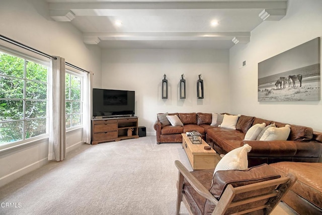 carpeted living room featuring beam ceiling