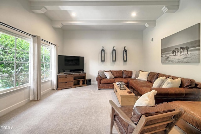 living area with beamed ceiling, baseboards, recessed lighting, and light colored carpet