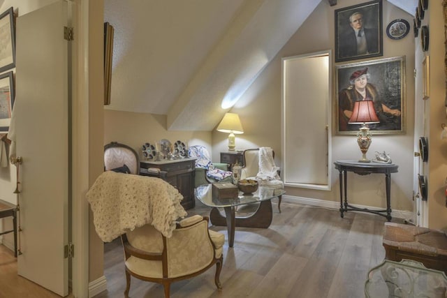 living area featuring hardwood / wood-style flooring and vaulted ceiling