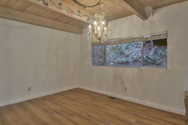 empty room with a notable chandelier, hardwood / wood-style floors, beam ceiling, and wooden ceiling