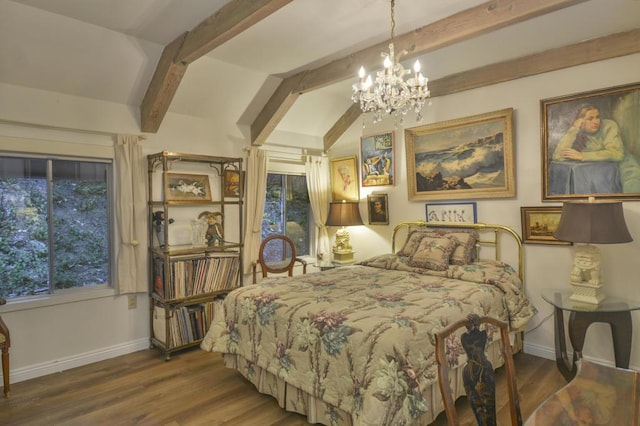 bedroom featuring multiple windows, wood-type flooring, lofted ceiling with beams, and a chandelier