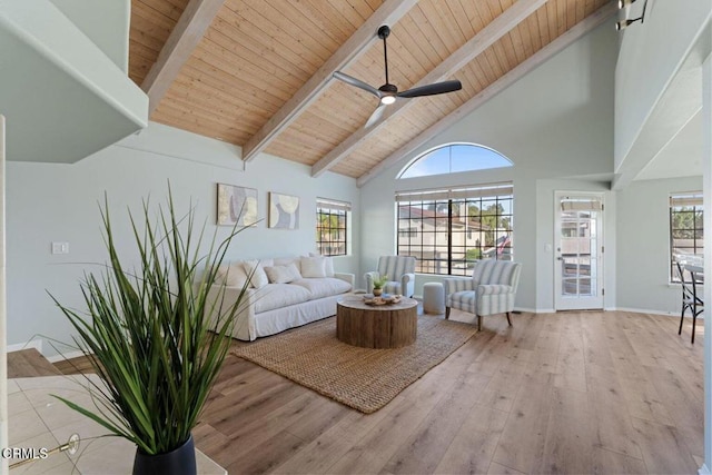 living room with high vaulted ceiling, ceiling fan, wood ceiling, beam ceiling, and light hardwood / wood-style flooring