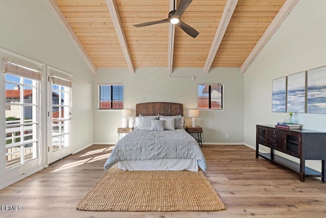 bedroom with wooden ceiling, vaulted ceiling with beams, hardwood / wood-style floors, and access to exterior