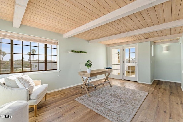 office featuring a healthy amount of sunlight, wooden ceiling, and light hardwood / wood-style floors