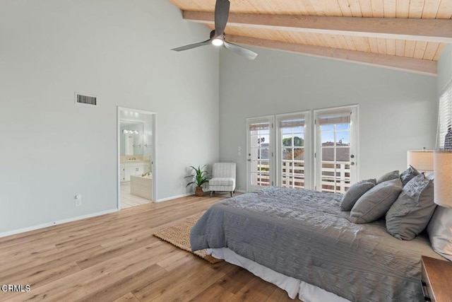 bedroom featuring hardwood / wood-style flooring, access to exterior, wood ceiling, and lofted ceiling with beams