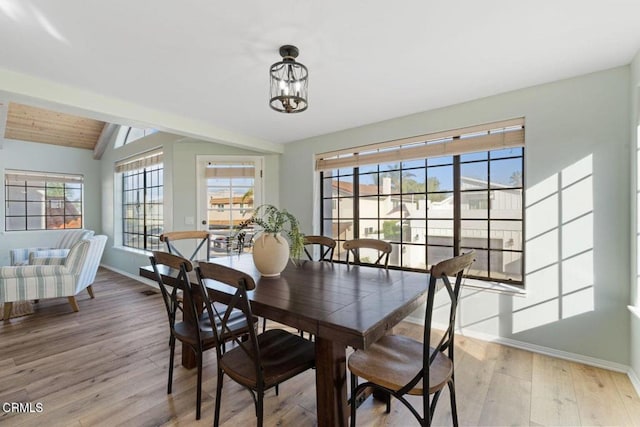 dining space with lofted ceiling with beams, wood ceiling, a chandelier, and light hardwood / wood-style floors