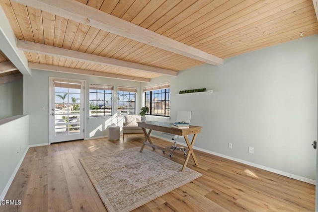 home office with beamed ceiling, wooden ceiling, and light hardwood / wood-style floors