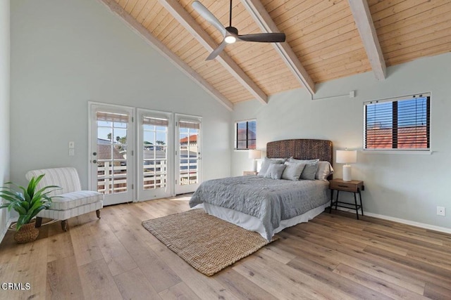 bedroom with beam ceiling, high vaulted ceiling, wooden ceiling, access to exterior, and light hardwood / wood-style floors