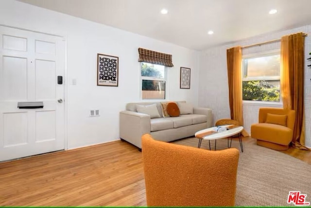 living room with a wealth of natural light and light wood-type flooring