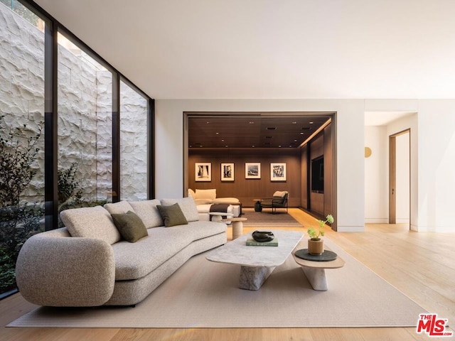 living room with a wealth of natural light, light hardwood / wood-style floors, and a wall of windows