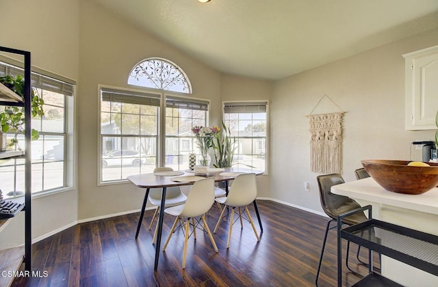 dining space featuring lofted ceiling, dark hardwood / wood-style flooring, and a wealth of natural light