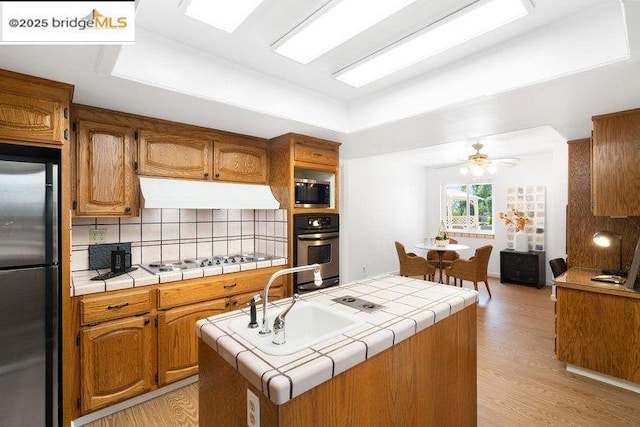 kitchen with sink, light hardwood / wood-style flooring, appliances with stainless steel finishes, tile counters, and a raised ceiling