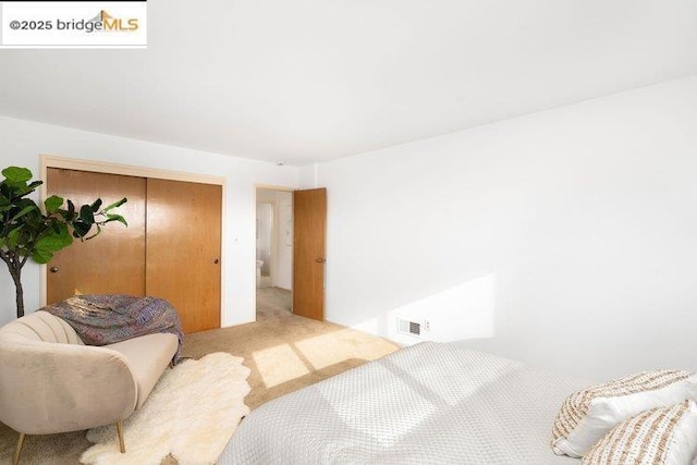 bedroom featuring light colored carpet and a closet