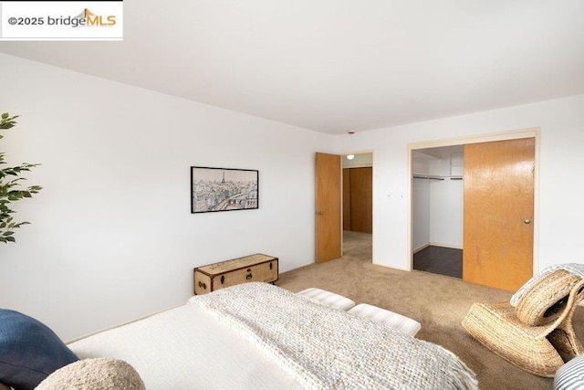 bedroom with light colored carpet and a closet