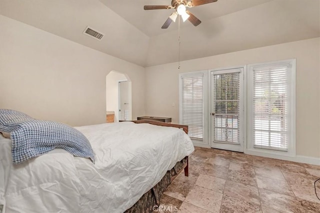 bedroom featuring access to exterior and ceiling fan