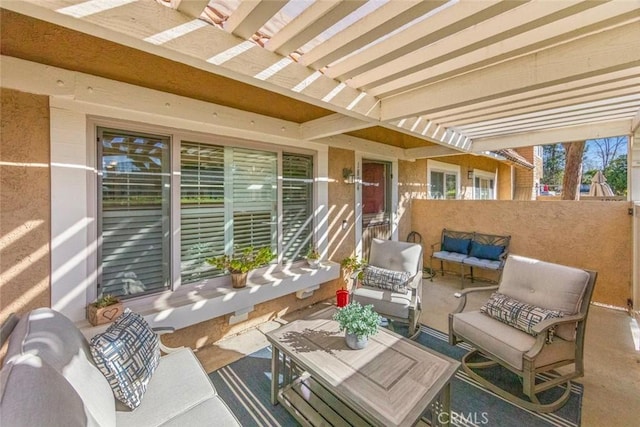 view of patio / terrace featuring outdoor lounge area and a pergola