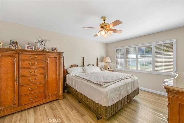 bedroom with ceiling fan and light hardwood / wood-style floors