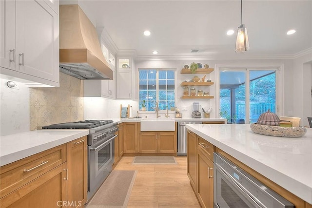 kitchen with sink, appliances with stainless steel finishes, white cabinetry, hanging light fixtures, and premium range hood