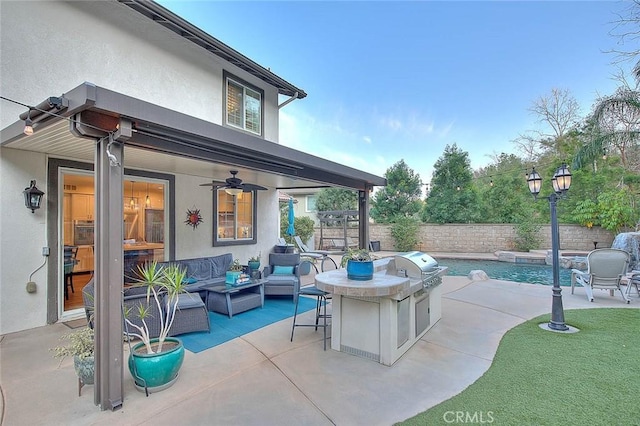 view of patio with an outdoor living space, area for grilling, a fenced in pool, and ceiling fan