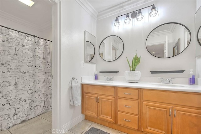 bathroom with vanity, tile patterned floors, a shower with curtain, and ornamental molding