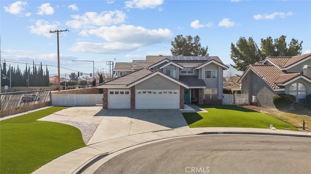 front of property featuring a front yard and solar panels