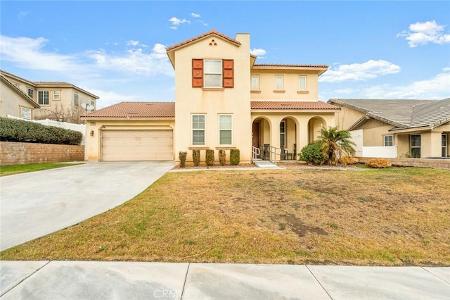 mediterranean / spanish-style home featuring a garage, a front lawn, and a porch