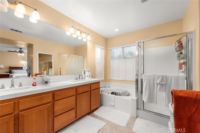 bathroom with vanity, ceiling fan, tile patterned floors, and separate shower and tub