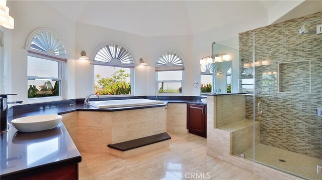 bathroom featuring a healthy amount of sunlight, vanity, and shower with separate bathtub