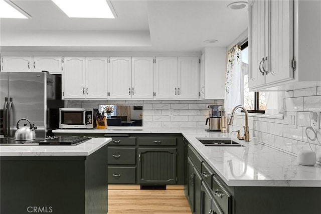 kitchen with sink, light hardwood / wood-style flooring, stainless steel appliances, white cabinets, and decorative backsplash