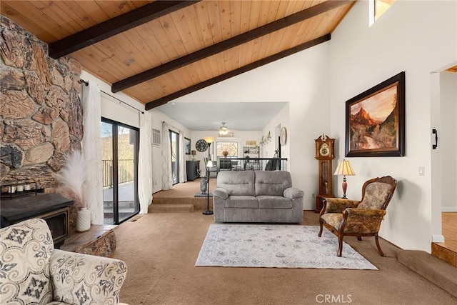 living room with high vaulted ceiling, wooden ceiling, beamed ceiling, and carpet