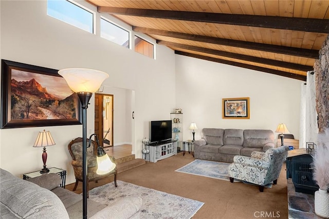 living room with wood ceiling, high vaulted ceiling, beamed ceiling, and carpet