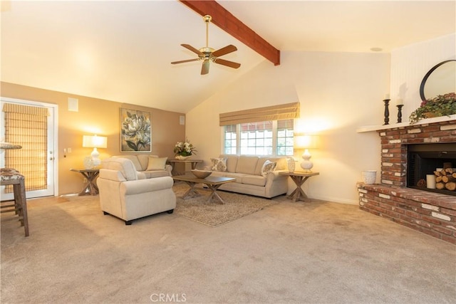 carpeted living room featuring beamed ceiling, ceiling fan, a fireplace, and high vaulted ceiling