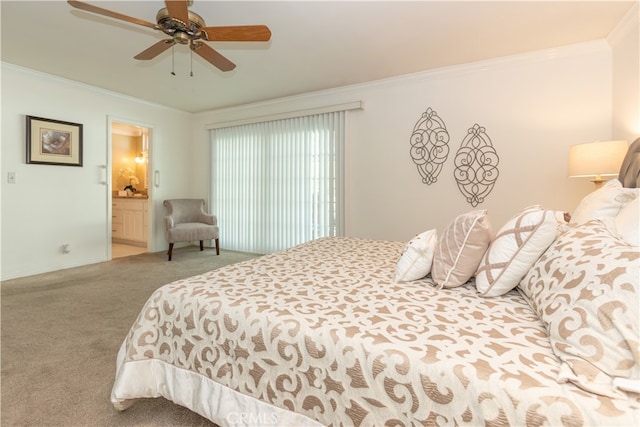 bedroom featuring connected bathroom, ornamental molding, ceiling fan, and carpet flooring