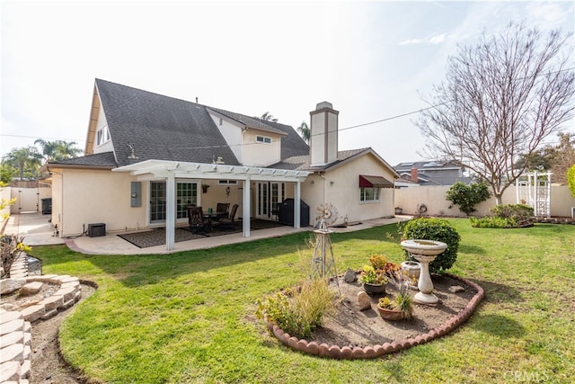 rear view of property with a patio, a lawn, central AC unit, and a pergola