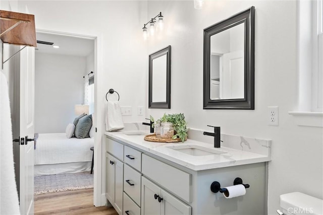 bathroom featuring hardwood / wood-style flooring, vanity, and toilet