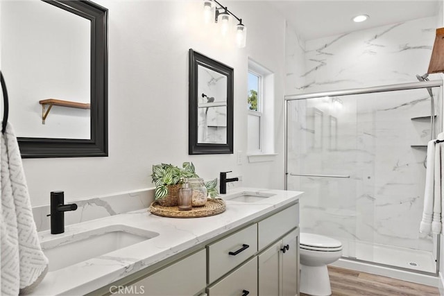 bathroom with wood-type flooring, toilet, a shower with door, and vanity