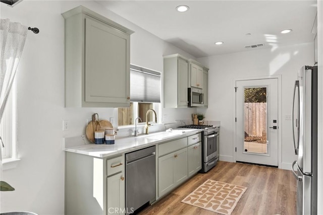 kitchen with light hardwood / wood-style flooring, stainless steel appliances, and gray cabinets