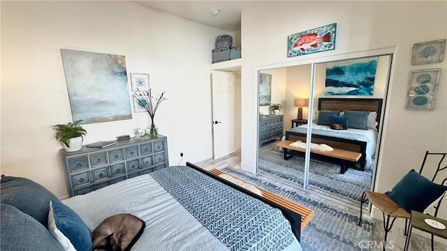 bedroom with lofted ceiling and a closet