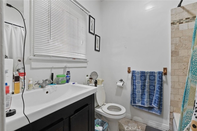 full bathroom with tile patterned flooring, vanity, shower / bath combination with curtain, and toilet